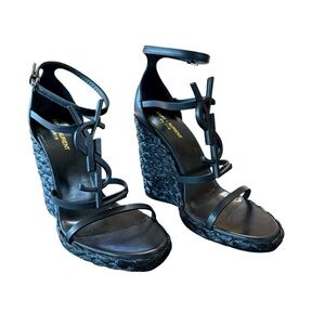 Saint Laurent Cassandra Wedge Espadrilles Leather Black Monogram NEW EU 41 US 11